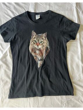 Port Authority Black Tee with Brown Tabby Cat Graphic
